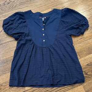 Anthropologie Navy Blue Women's Top with puff sleeves & yolk collar, buttons, xS